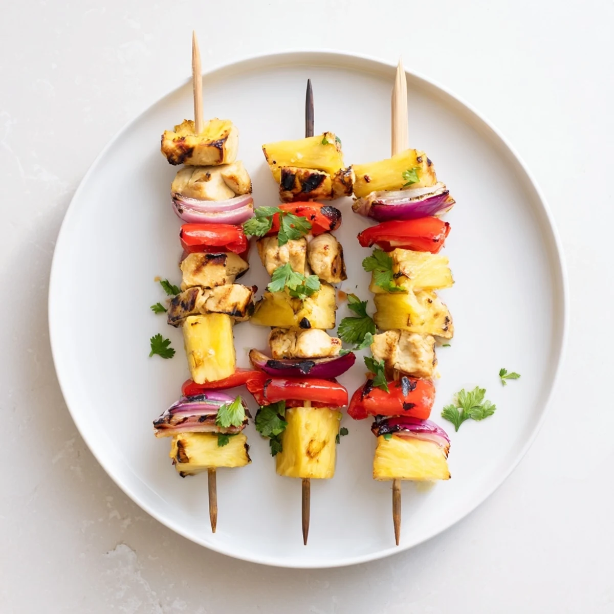 Grilled Pineapple Chicken Kabobs served over jasmine rice with chopped cilantro.