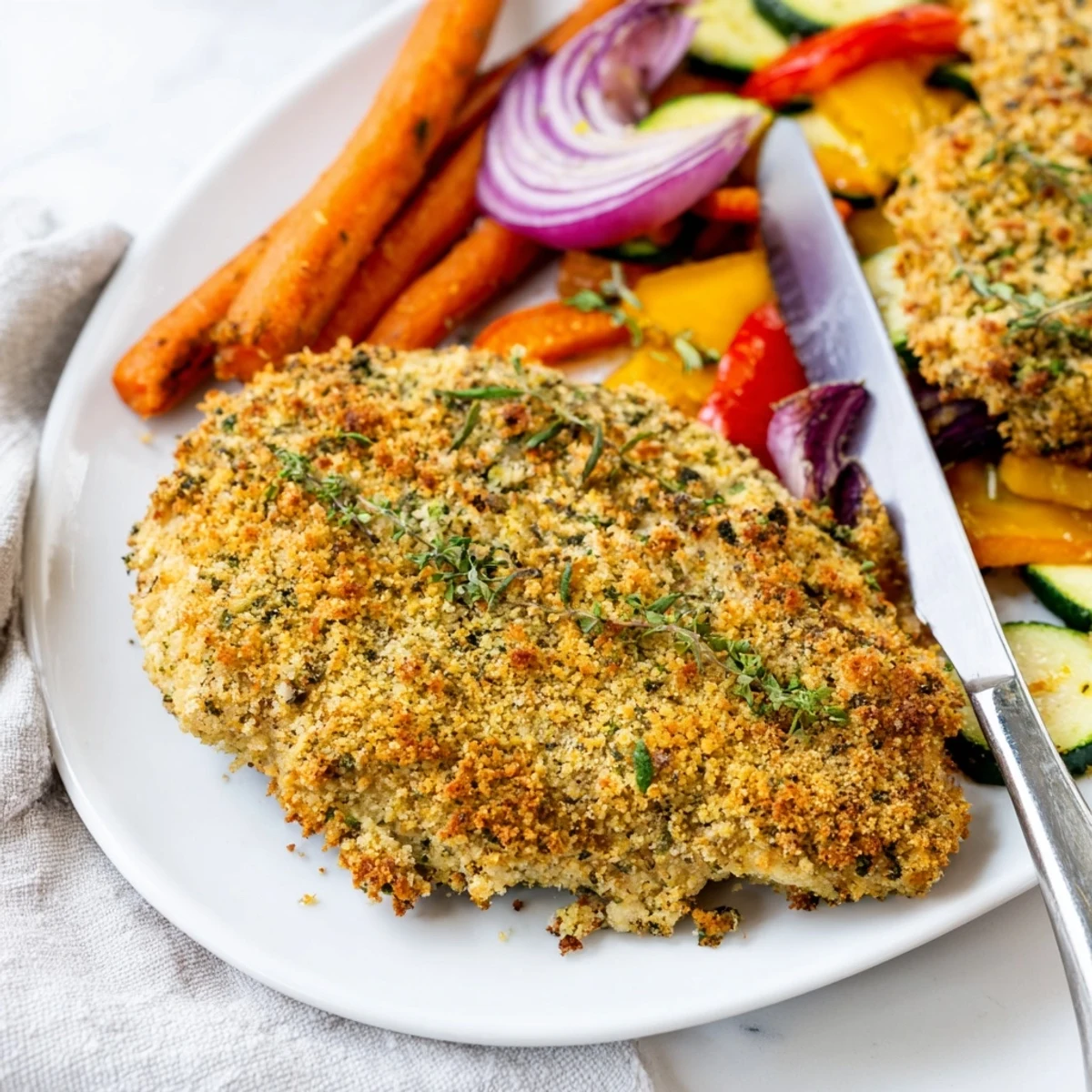 Golden herb crusted chicken breast served with colorful roasted vegetables on a white plate