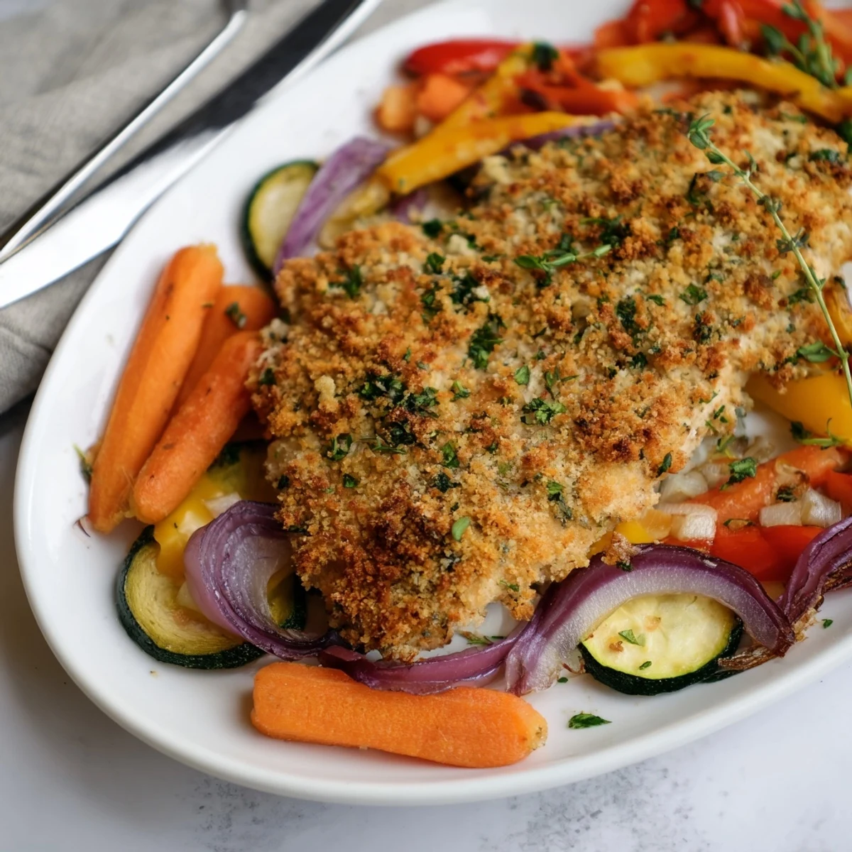Succulent herb crusted chicken with crisp breadcrumb coating alongside tender roasted bell peppers and carrots