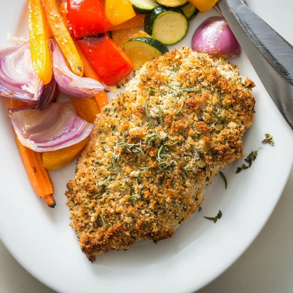 Homemade herb crusted chicken roasted perfectly with a medley of seasonal summer vegetables