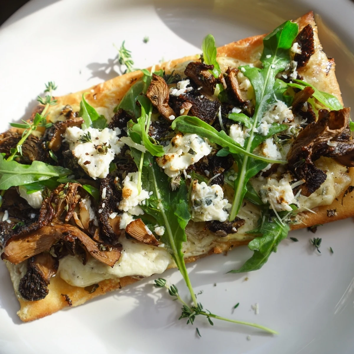 Golden morel mushroom arugula flatbread with truffle oil featuring melted cheeses and fresh peppery greens