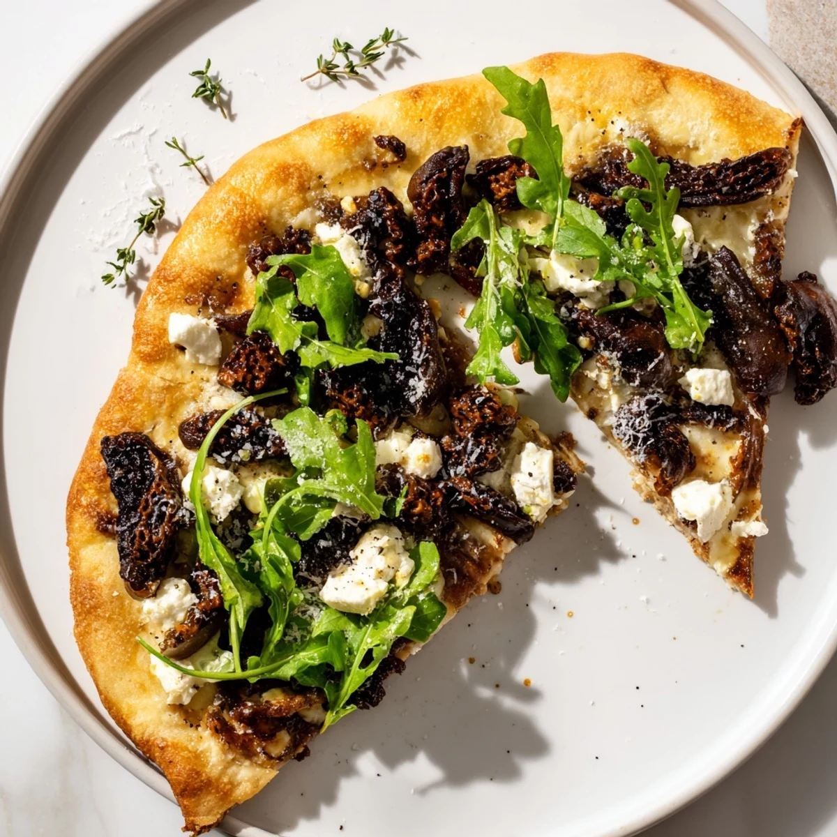 Gourmet morel mushroom arugula flatbread topped with creamy goat cheese and luxurious truffle oil finish