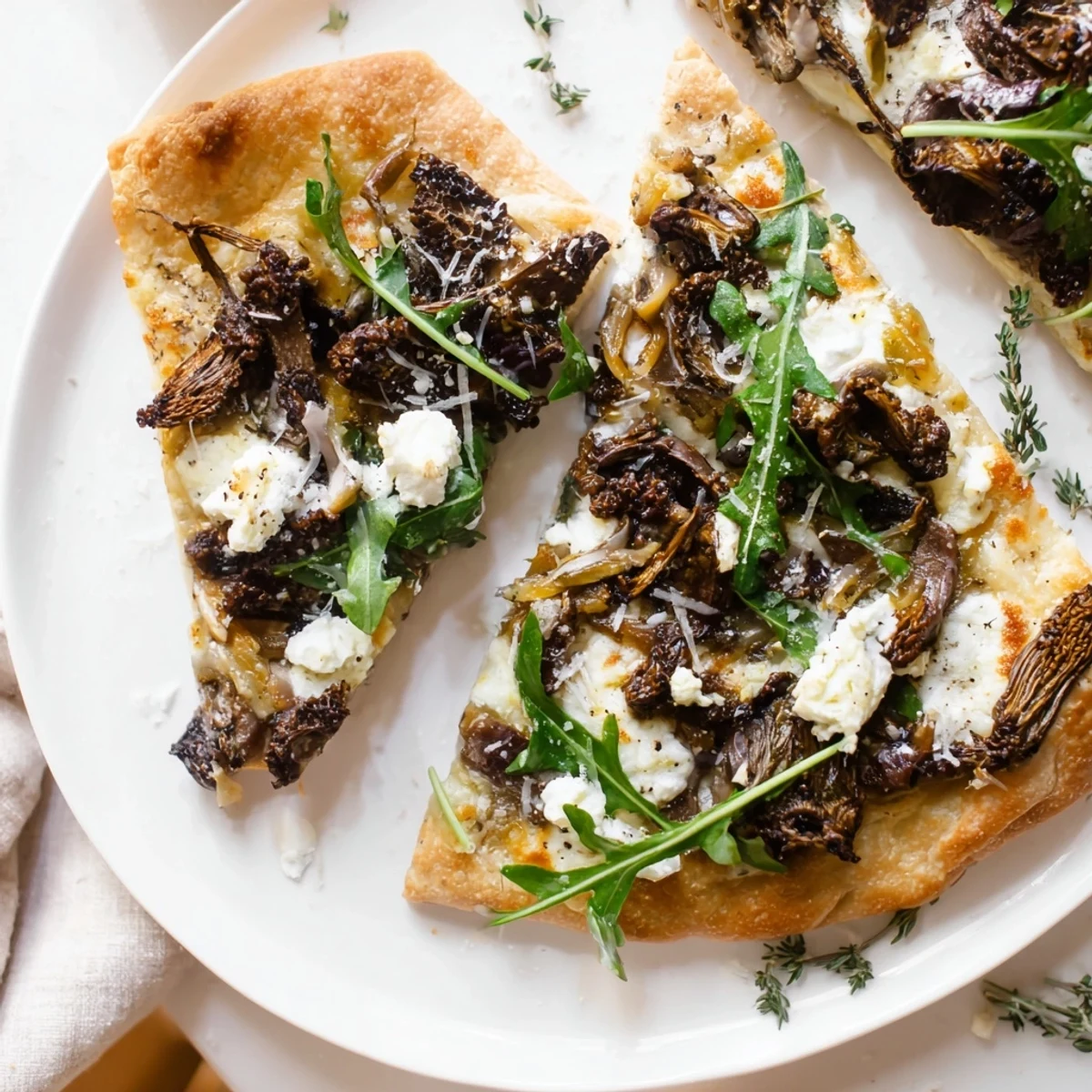 Morel mushroom arugula flatbread with truffle oil drizzled over bubbling mozzarella and sautéed mushrooms