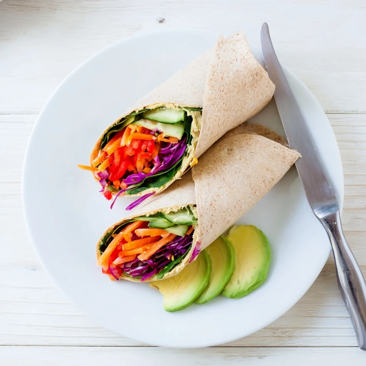 Vibrant veggie wrap with hummus recipe featuring colorful sliced vegetables rolled in a whole wheat tortilla