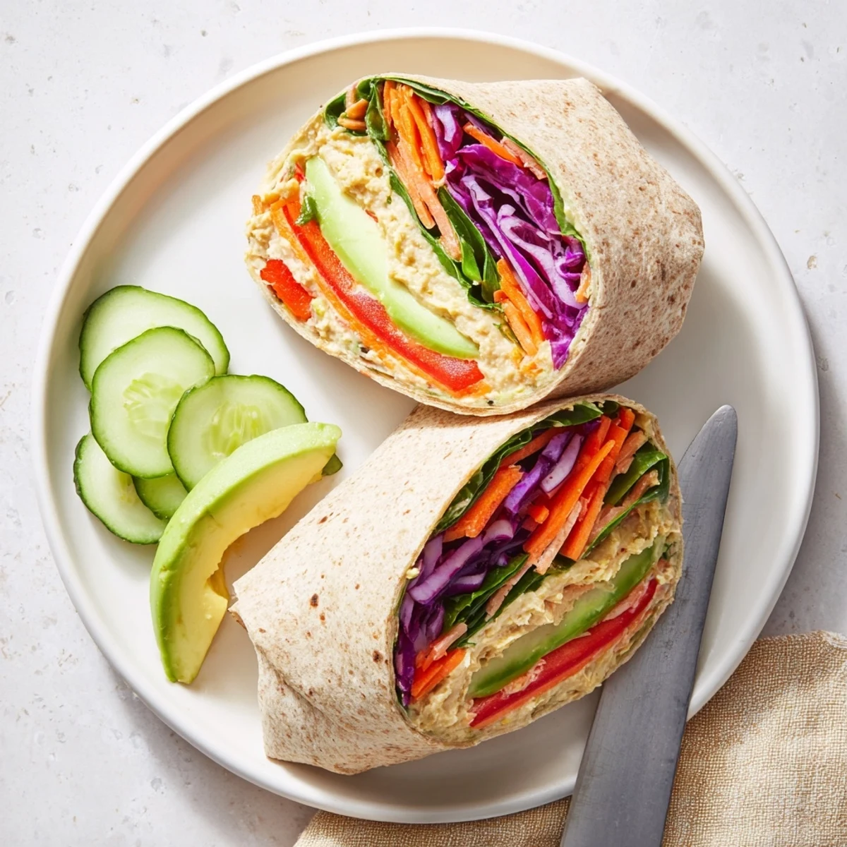 Healthy veggie wrap with hummus recipe packed with shredded carrots and creamy spread for easy lunches