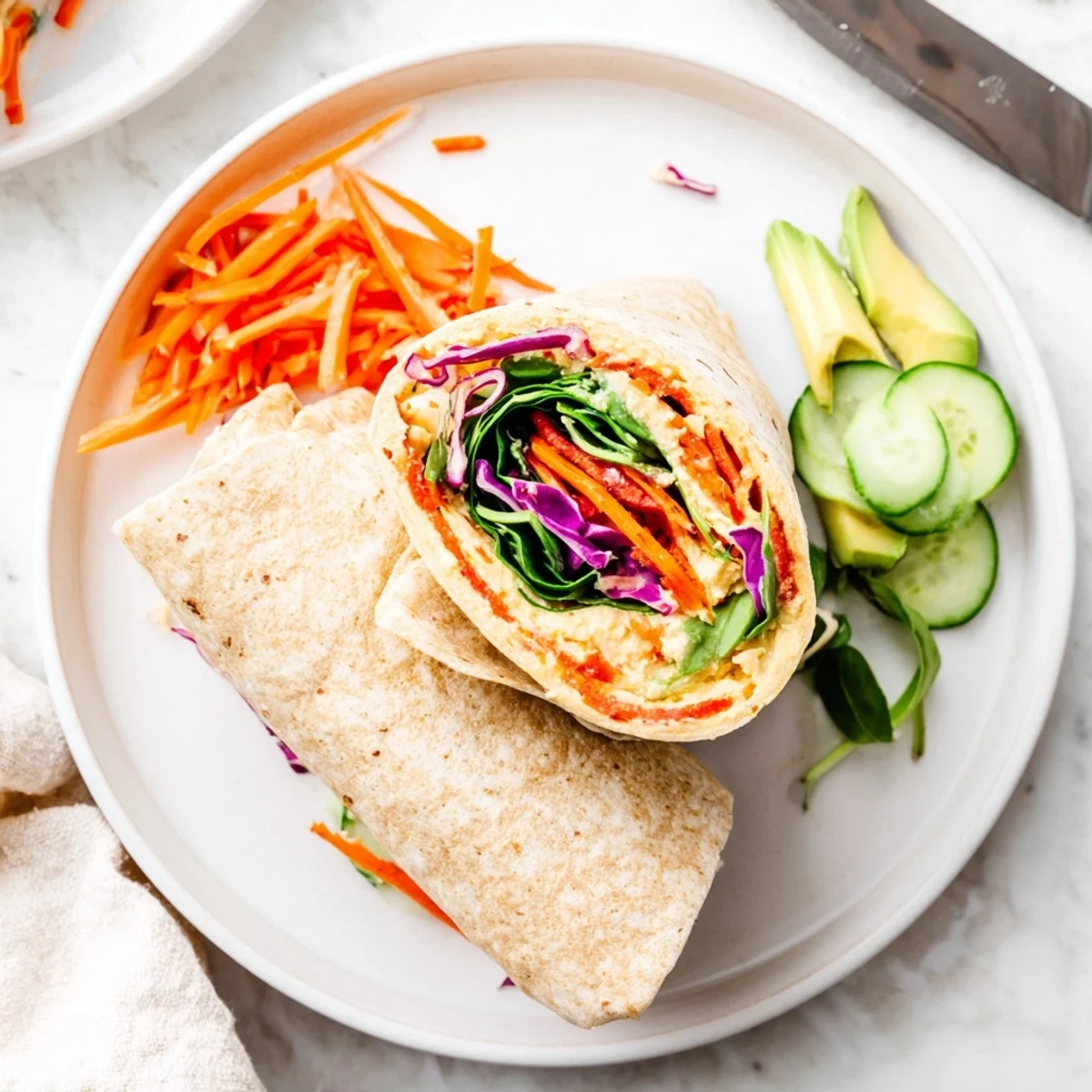Fresh Mediterranean veggie wrap with hummus recipe diagonally sliced to reveal crisp spinach and red pepper