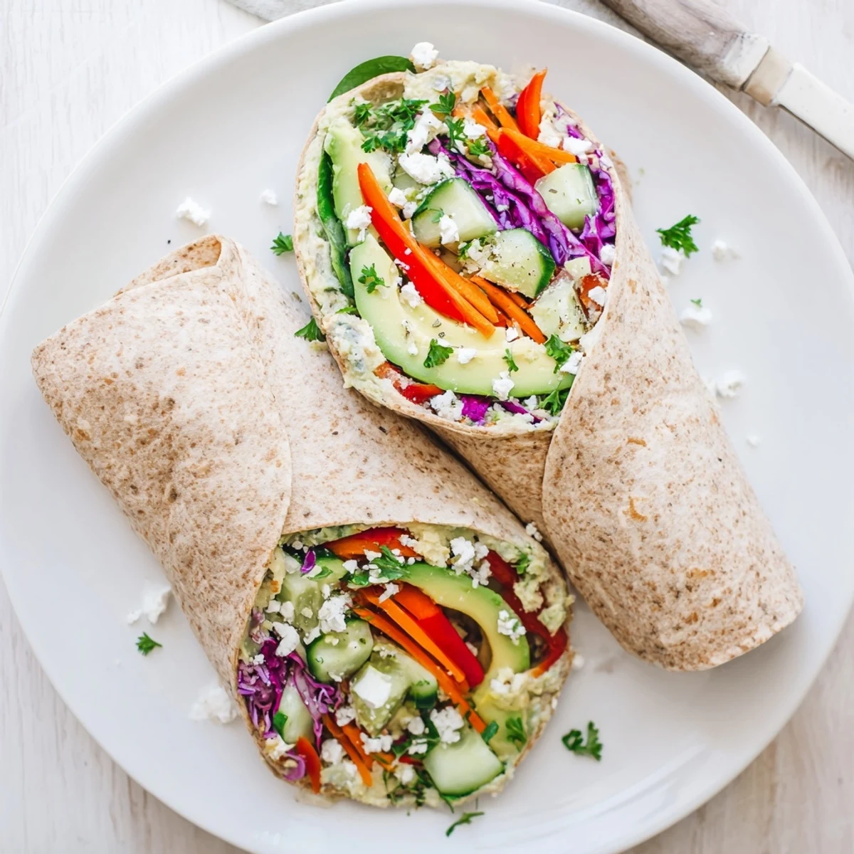 Golden whole wheat tortilla rolled with creamy hummus and vibrant crisp vegetables