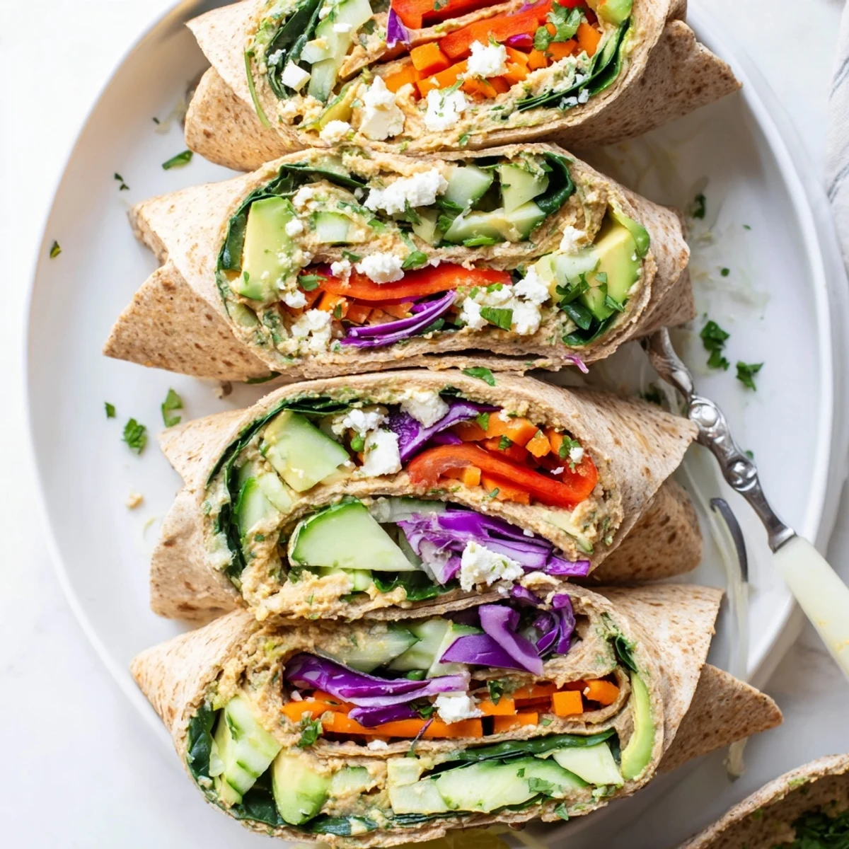 Lunch-ready hummus veggie wrap wrapped tight with spinach bell peppers and purple cabbage
