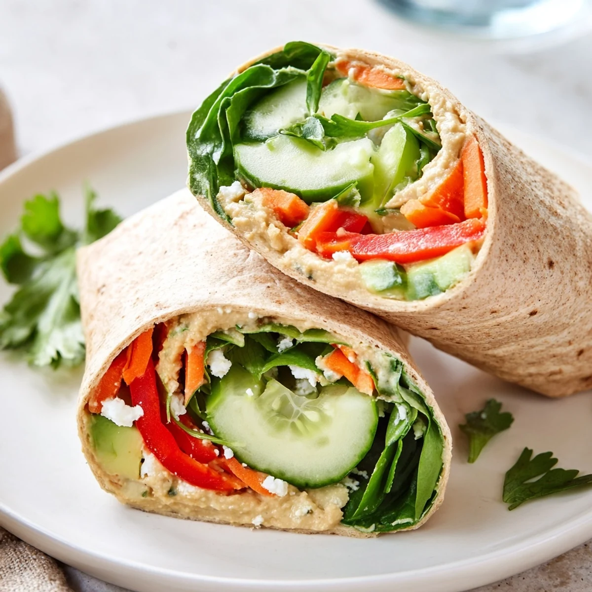 Fresh spinach hummus lunch wraps rolled with colorful crisp vegetables and avocado slices