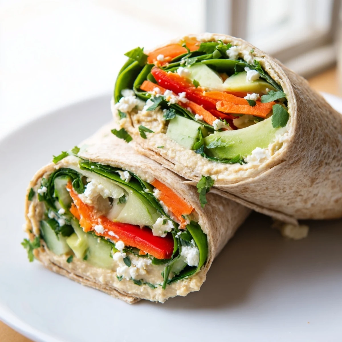 Diagonal cut spinach hummus wrap revealing layers of fresh cucumber carrots and bell peppers