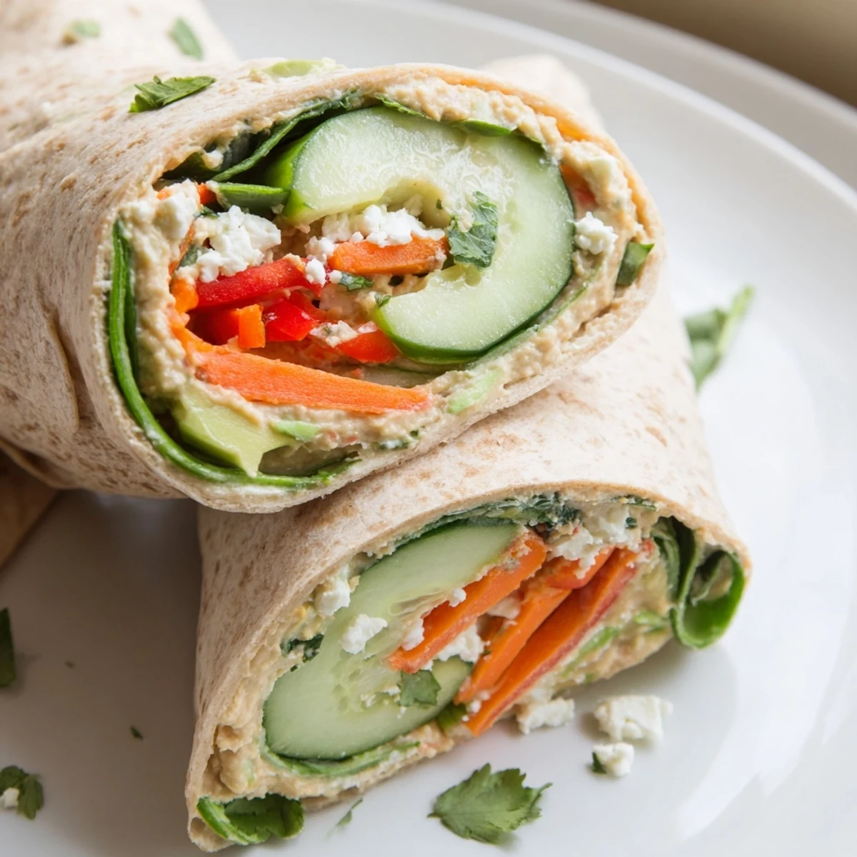 Whole wheat tortillas filled with creamy hummus and vibrant veggies for healthy Mediterranean lunch