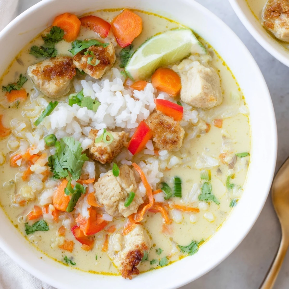 Golden Coconut Chicken Rice Soup steaming in bowl, creamy turmeric aroma, lime