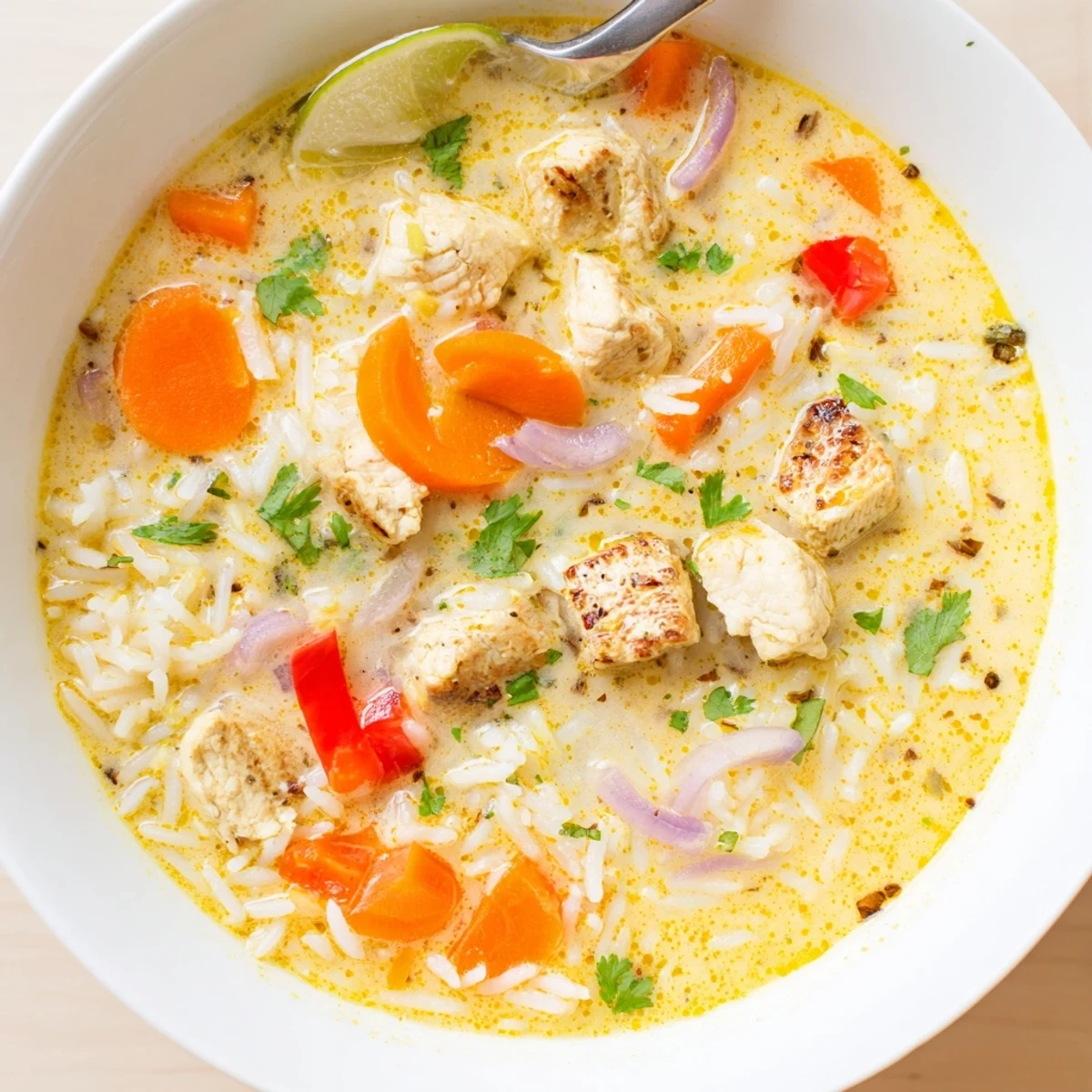 A bowl of Golden Coconut Chicken Rice Soup topped with cilantro, lime