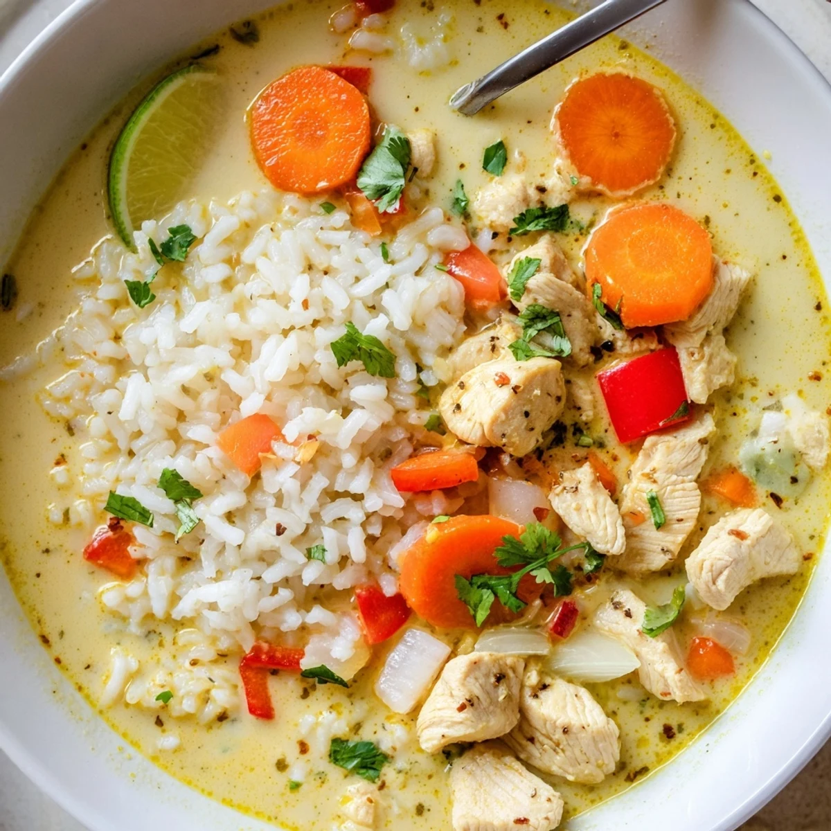 Golden Coconut Chicken Rice Soup ladled from pot, silky coconut broth, comforting