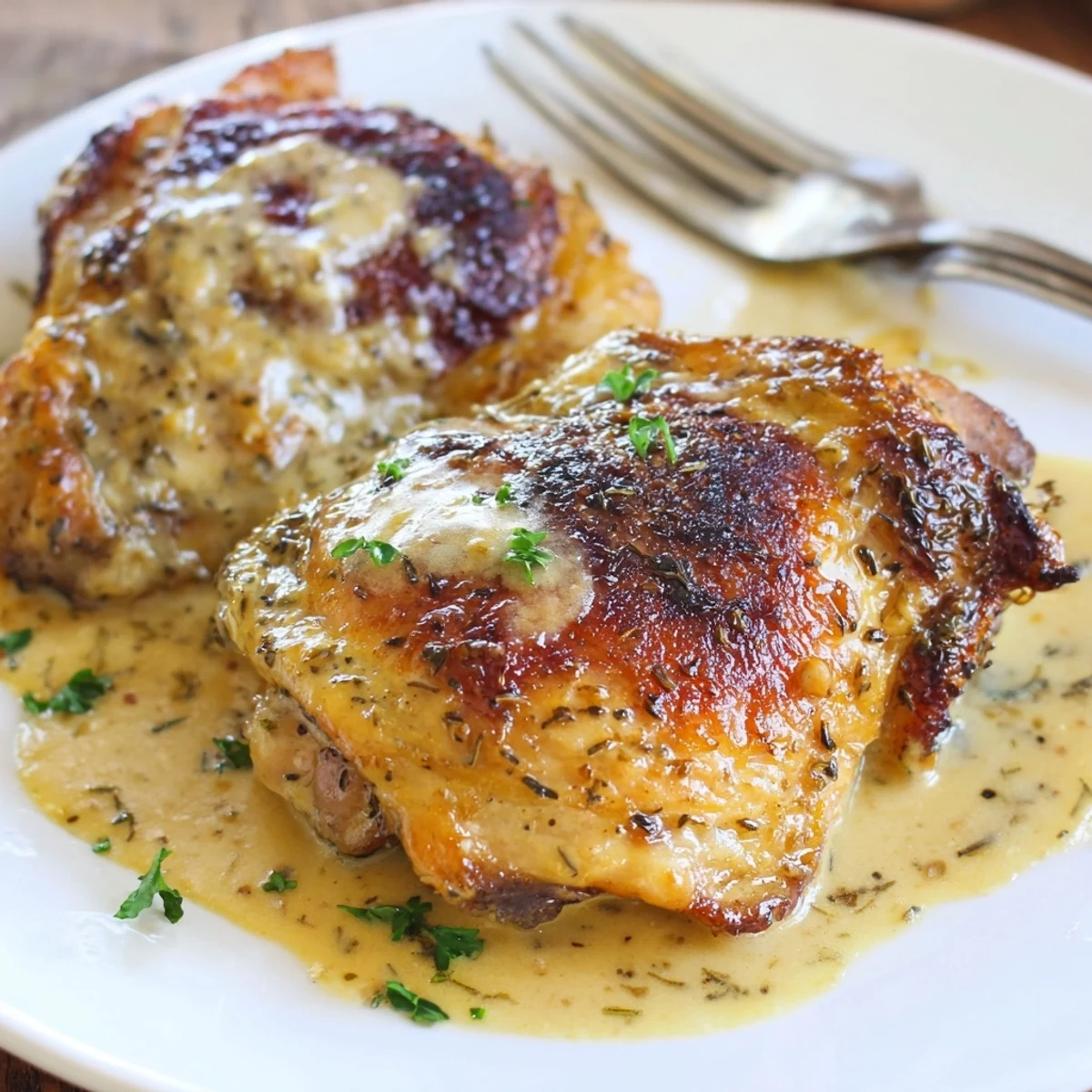 Creamy Garlic Chicken Thighs With Herbs sizzling in rich sauce, garnished parsley
