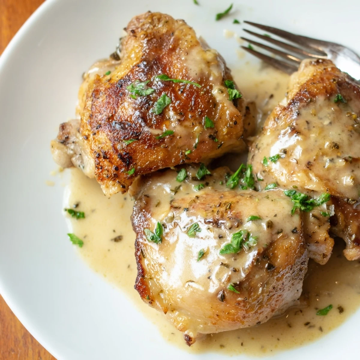 Pan-roasted Creamy Garlic Chicken Thighs With Herbs over mashed potatoes, steaming