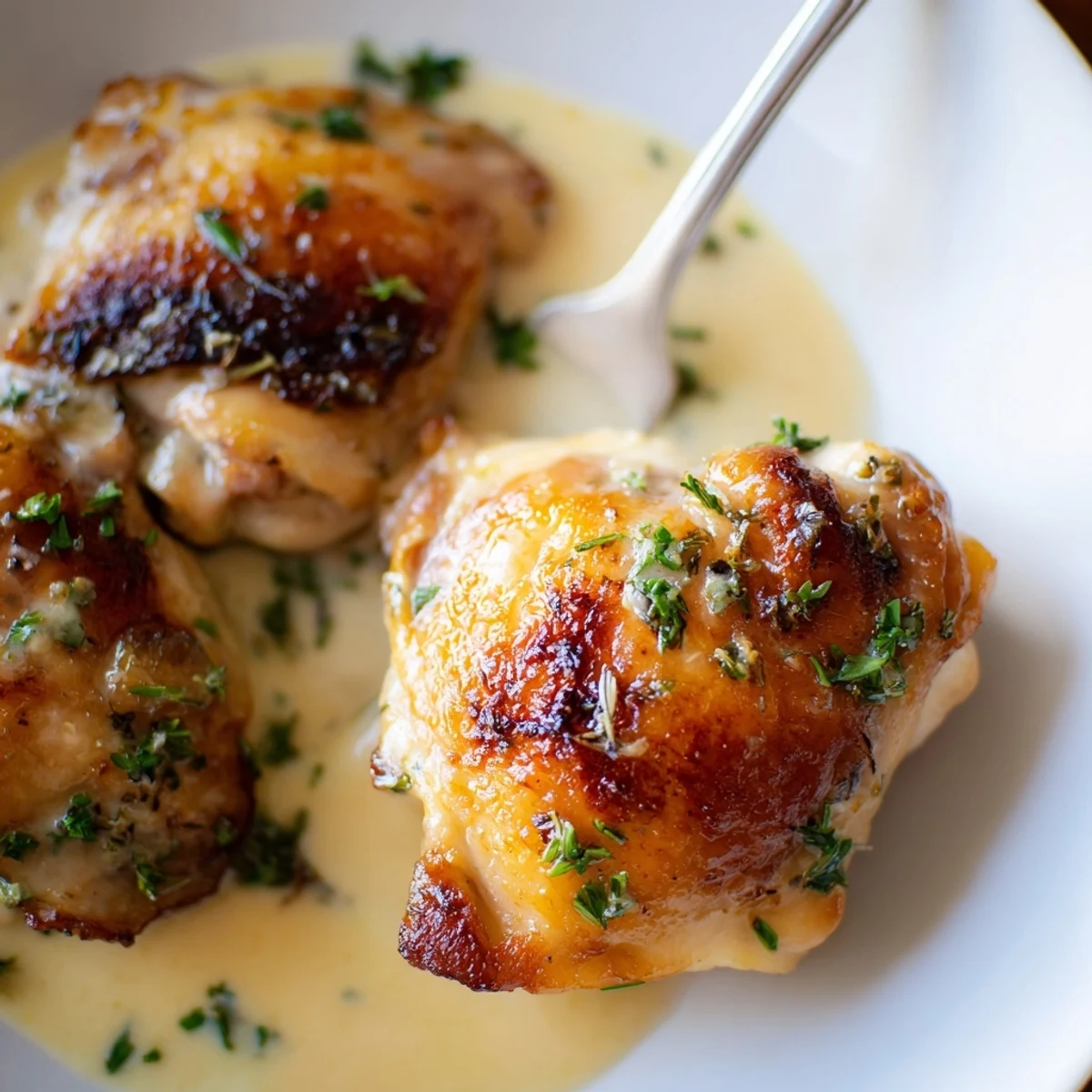 Skillet of Creamy Garlic Chicken Thighs With Herbs: golden skin, velvety sauce