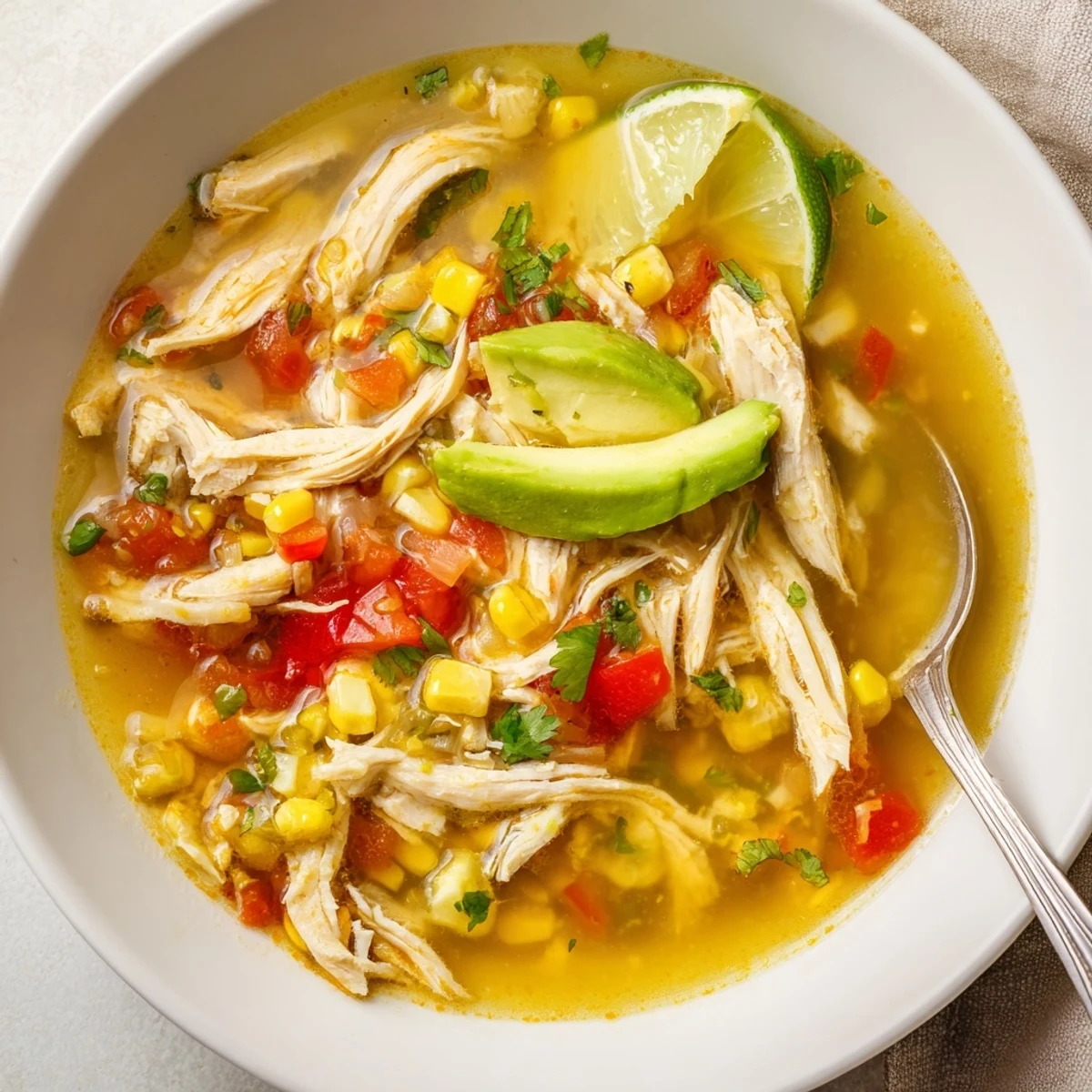 Ladle pouring Bold Zesty Chicken Lime Soup Recipe, smoky cumin and fresh cilantro