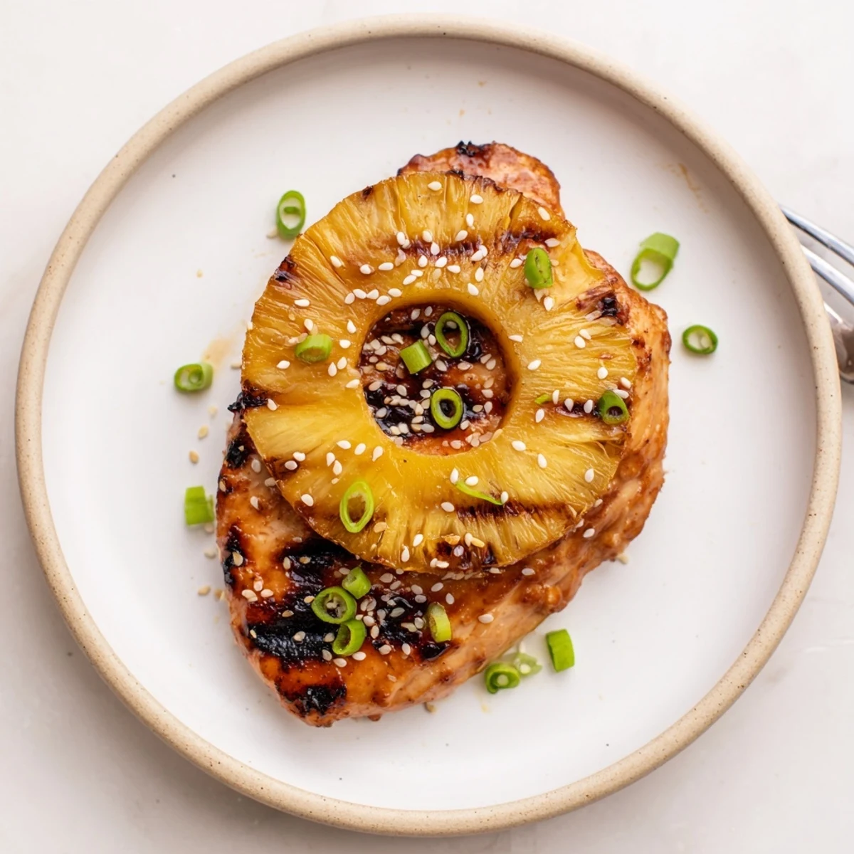 Grilled Aloha Chicken glistening with char, topped with caramelized pineapple rings.  