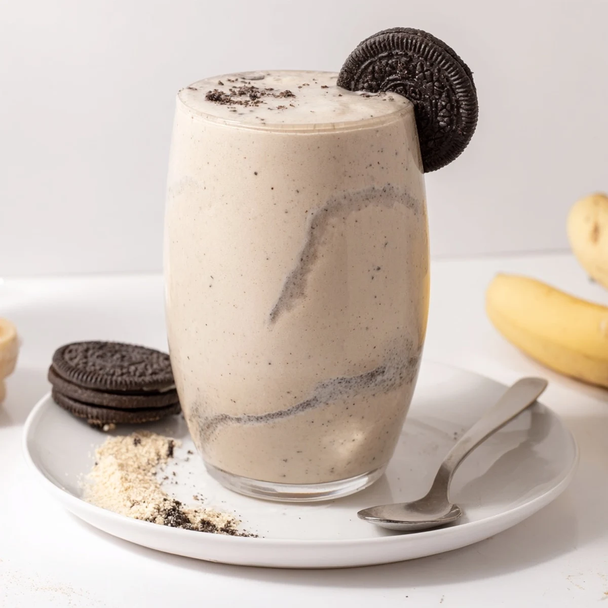 Frothy Cookies And Cream Protein Shake chilled, sweet banana creaminess and cocoa notes