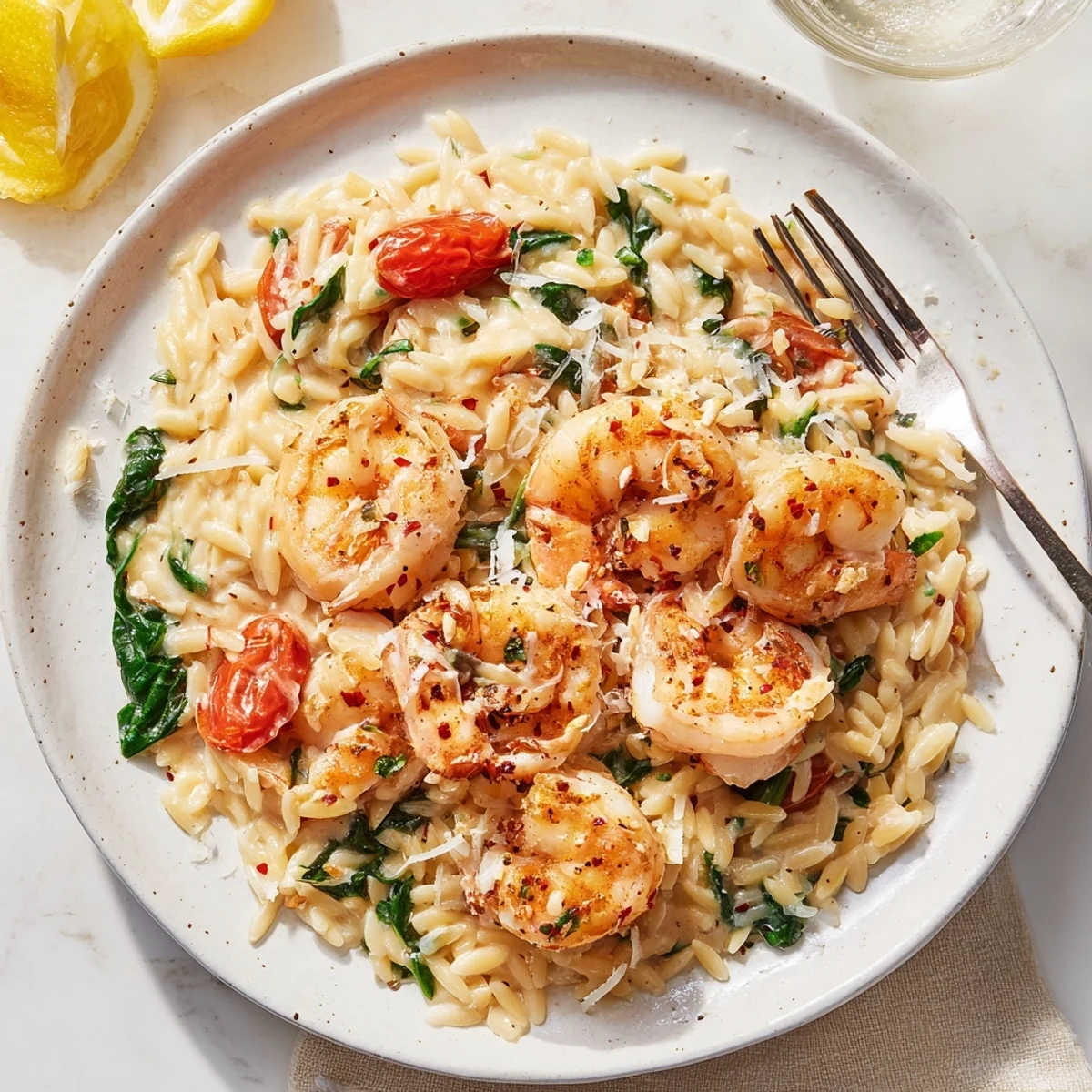 Creamy Shrimp Orzo Recipe plated steaming, tender pasta, silky sauce, lemon zest.