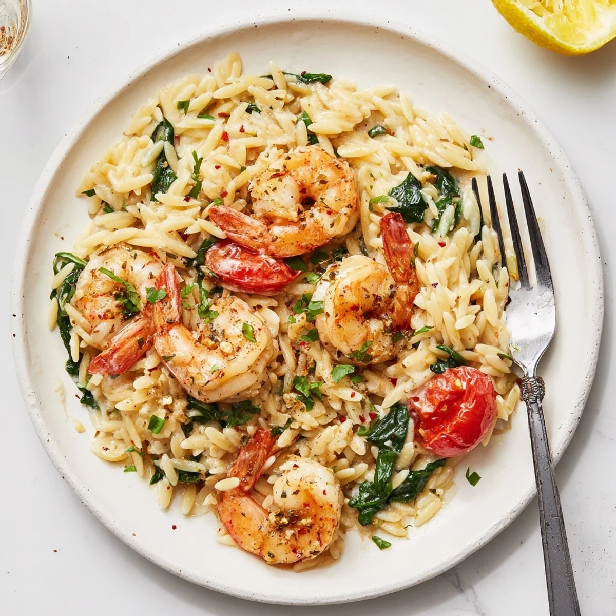 A bowl of Creamy Shrimp Orzo Recipe garnished with parsley, zesty lemon, Parmesan.