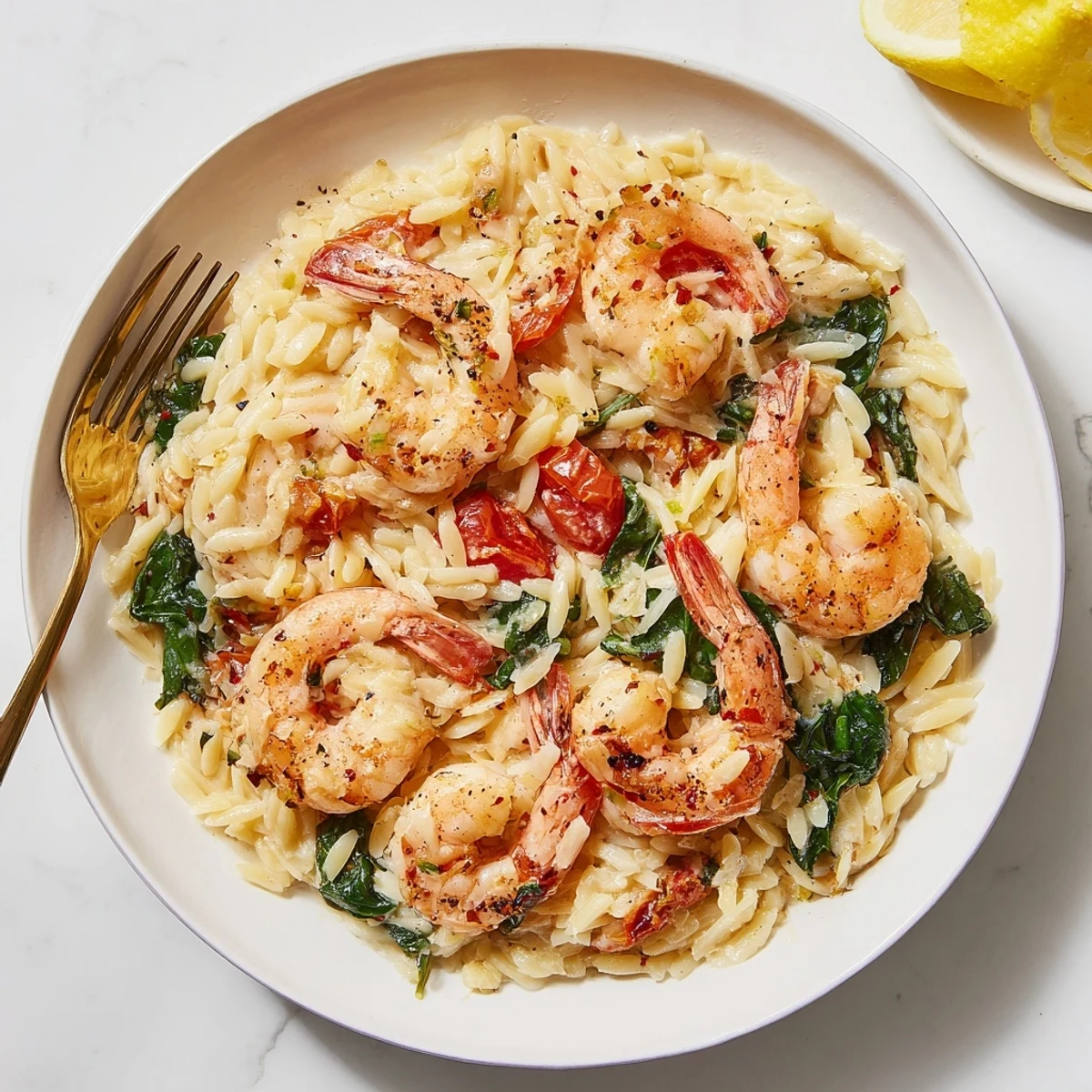 Skillet with Creamy Shrimp Orzo Recipe simmering, wine aroma, juicy shrimp visible.