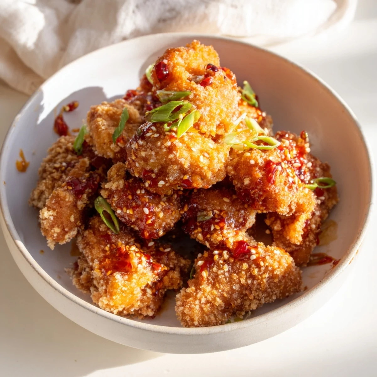 Close-up of crispy Sweet Tangy Garlicky Bang Bang Chicken with sesame garnish