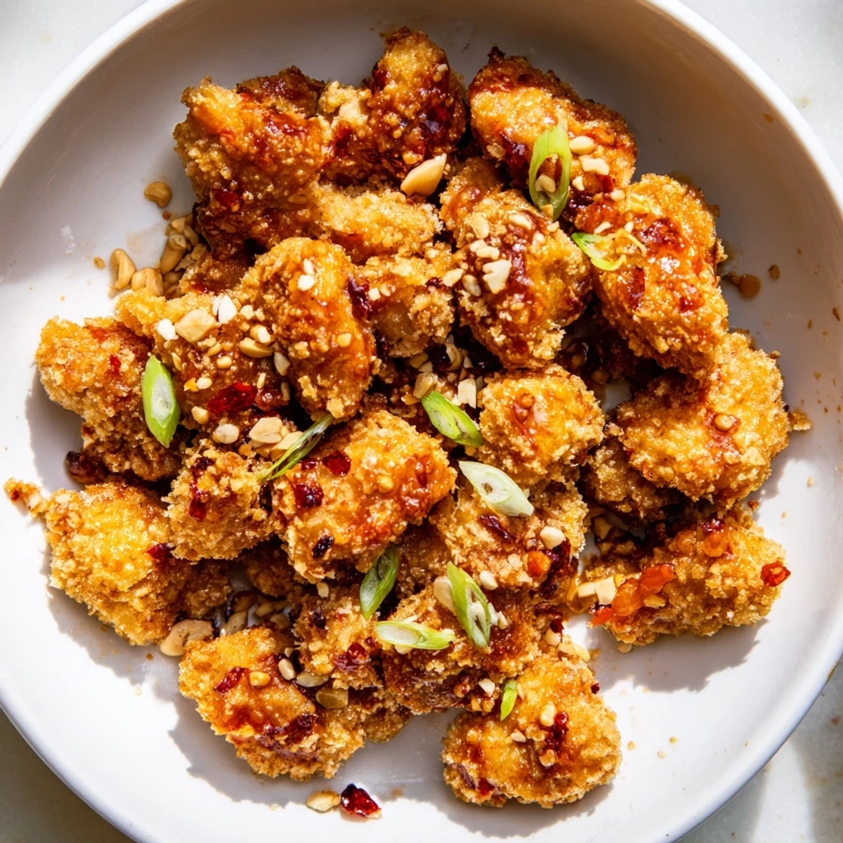 Golden Sweet Tangy Garlicky Bang Bang Chicken tossed in glossy honey-sriracha sauce