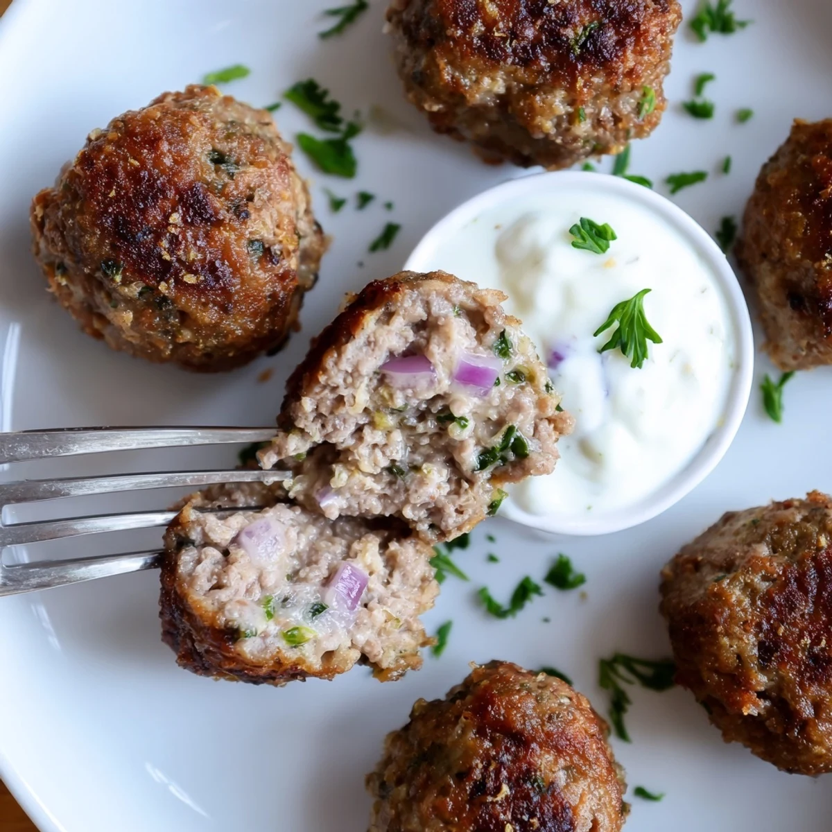 Greek Style Beef Meatballs sizzling in skillet, served with creamy lemon-yogurt sauce