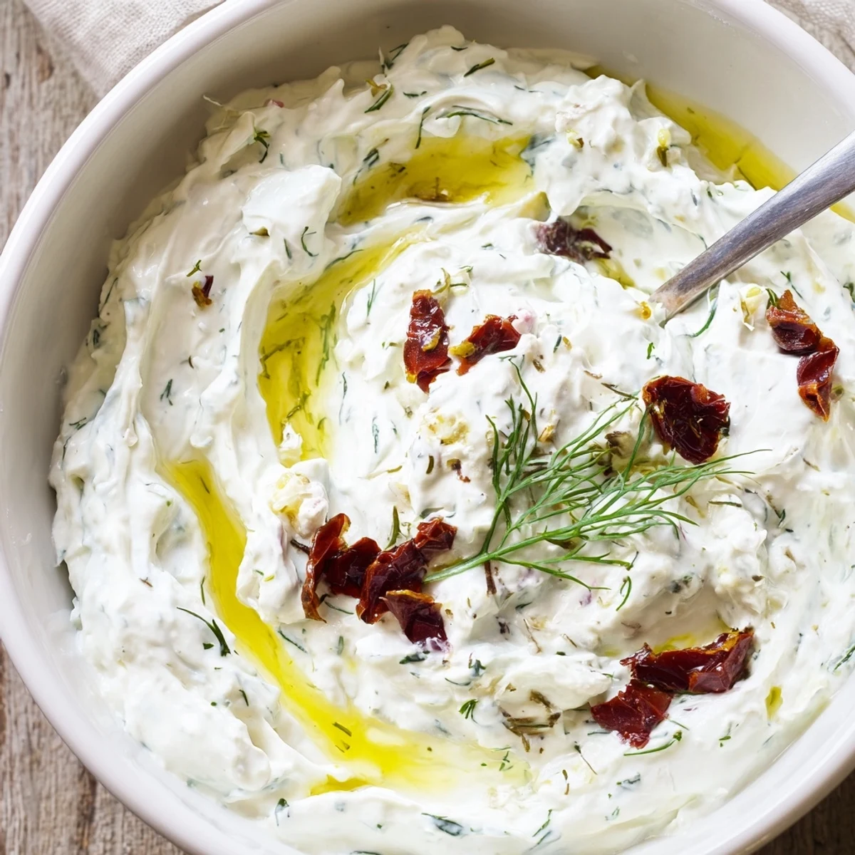 Chilled Creamy Sun Dried Tomato Tzatziki with pita wedges and fresh dill.