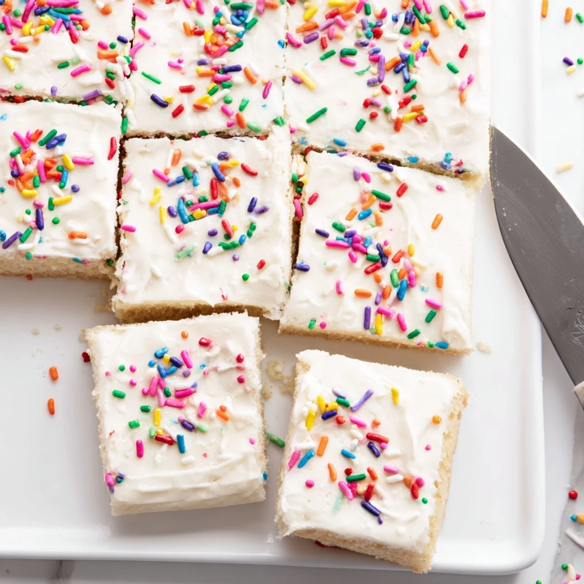 Golden frosted sugar cookie bars topped with creamy white buttercream and colorful sprinkles on a white plate