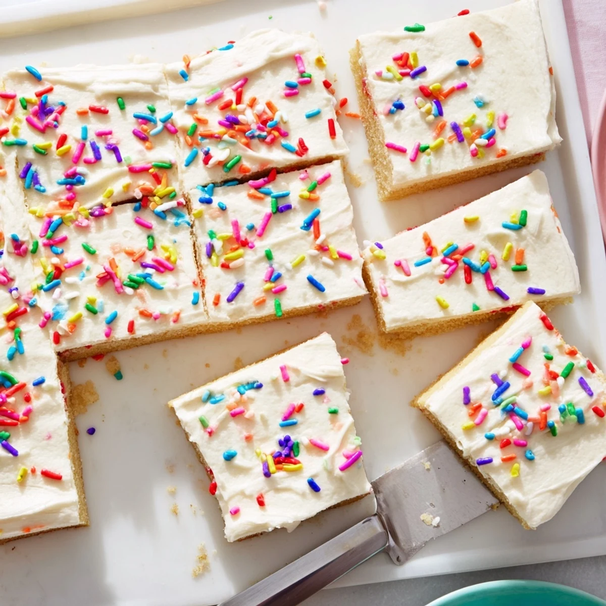 Soft buttery sugar cookie bars layered with smooth vanilla frosting and finished with festive rainbow sprinkles