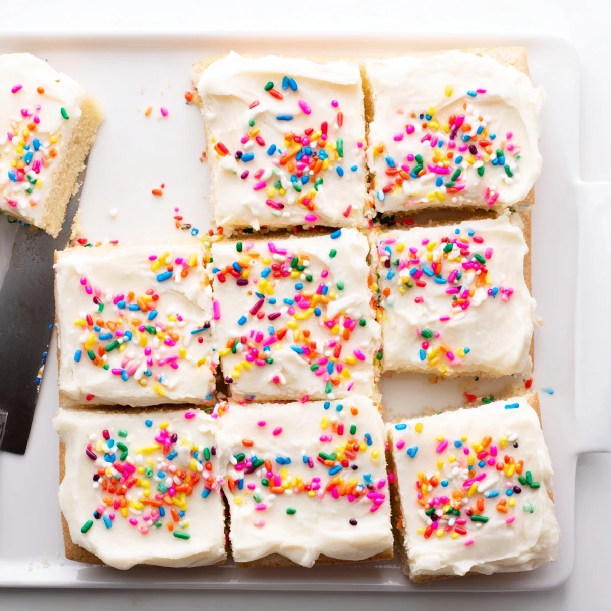 Square sugar cookie bars spread with thick creamy frosting and decorated with bright party sprinkles