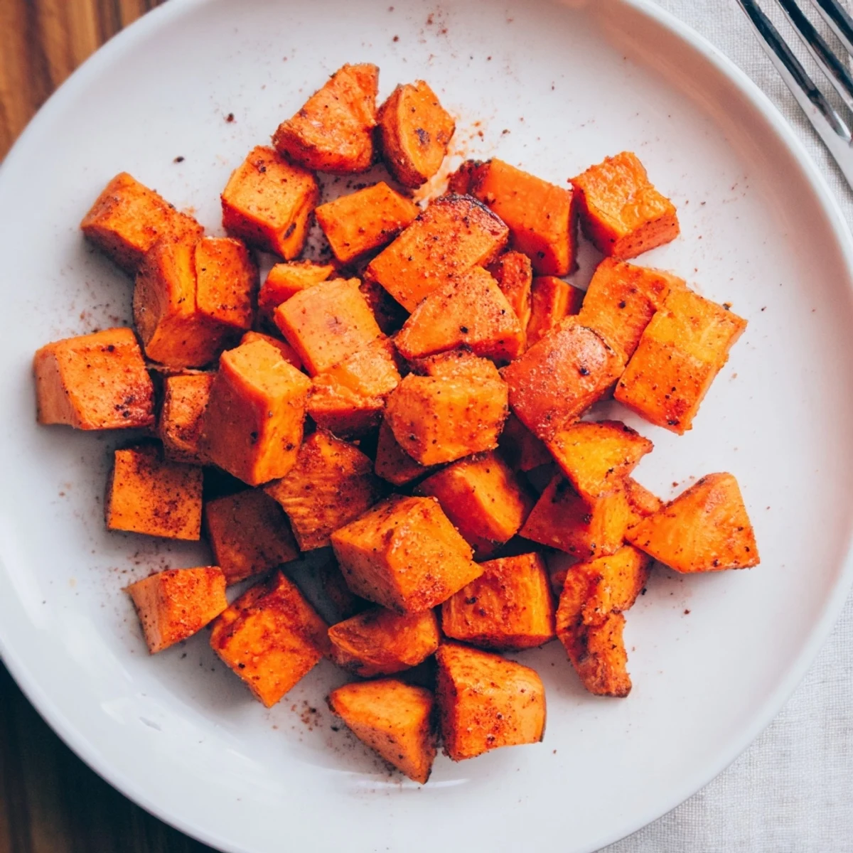Golden brown air fryer sweet potato cubes with crispy edges and tender centers, perfectly seasoned in a white bowl