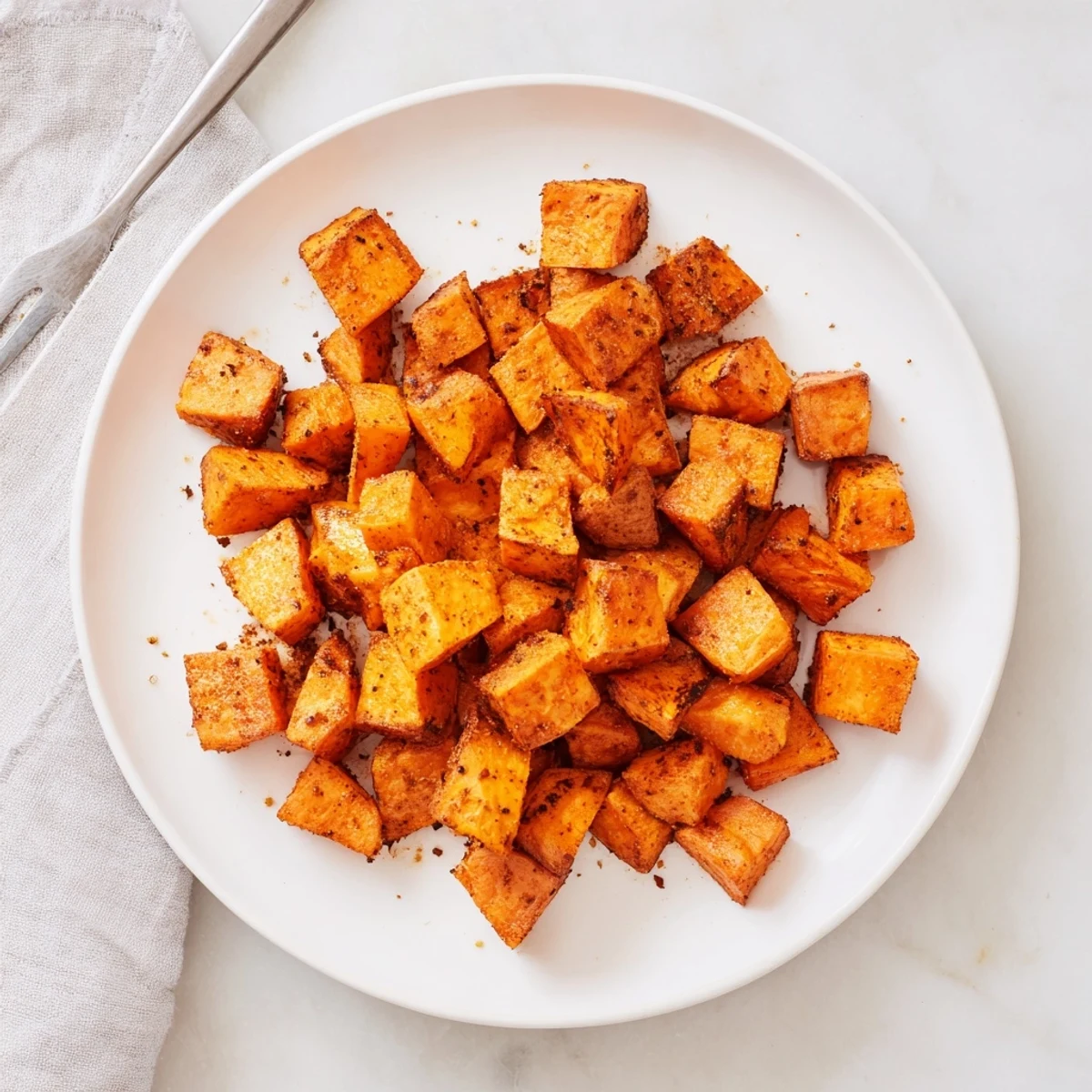 Heap of crispy air fried sweet potato cubes dusted with smoked paprika and garlic, glistening with olive oil on a wooden board