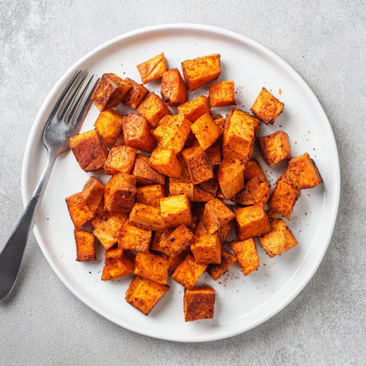 Perfectly air fryer sweet potato cubes arranged in a single layer, showing golden caramelized edges and fluffy orange interiors