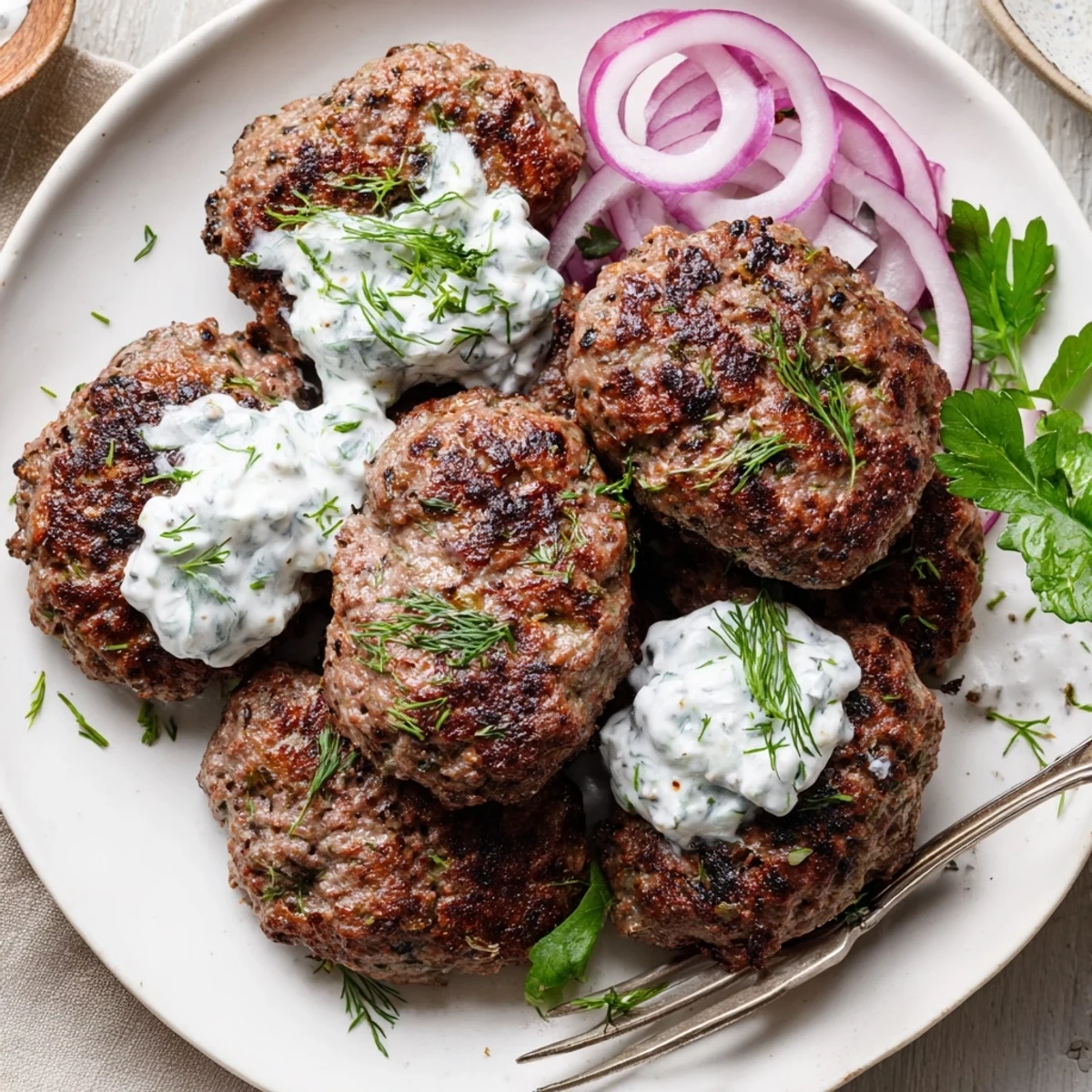 Golden smashed beef kebabs seared to crispy perfection with creamy cucumber yogurt sauce