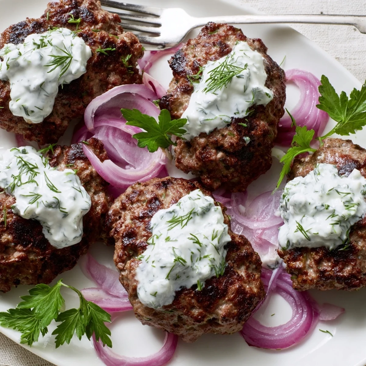 Juicy hand-shaped Middle Eastern beef kebabs drizzled with refreshing garlic yogurt dip