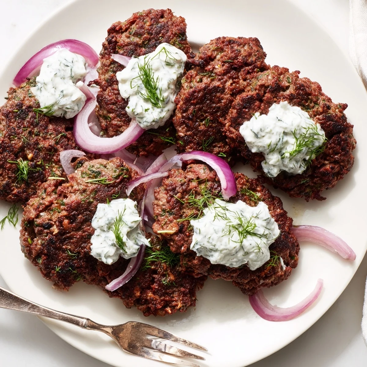 Sizzling smashed beef kebabs served atop tangy cucumber yogurt with fresh herbs and warm flatbread