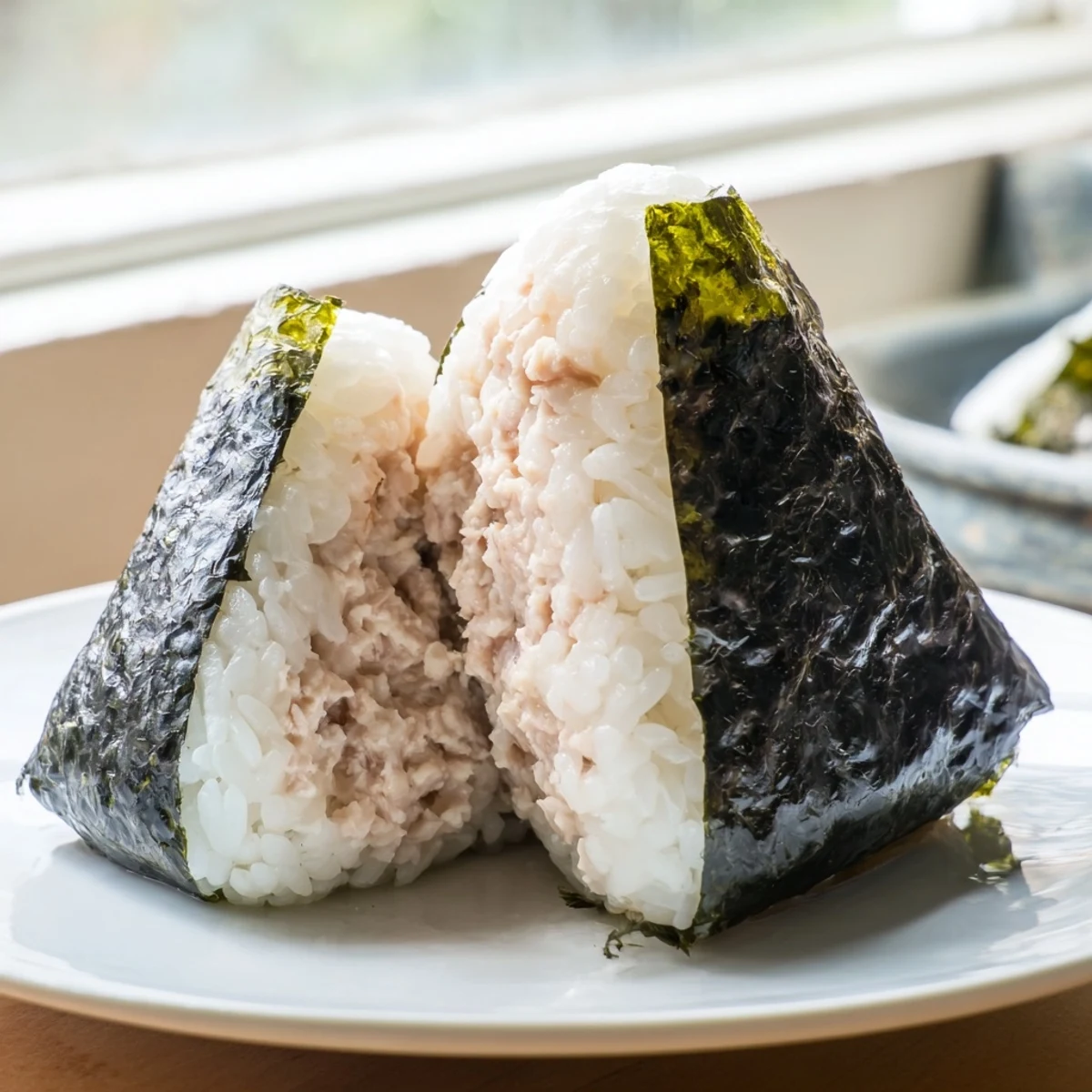 Handheld triangle-shaped tuna mayo onigiri wrapped in crisp nori strips on white plate