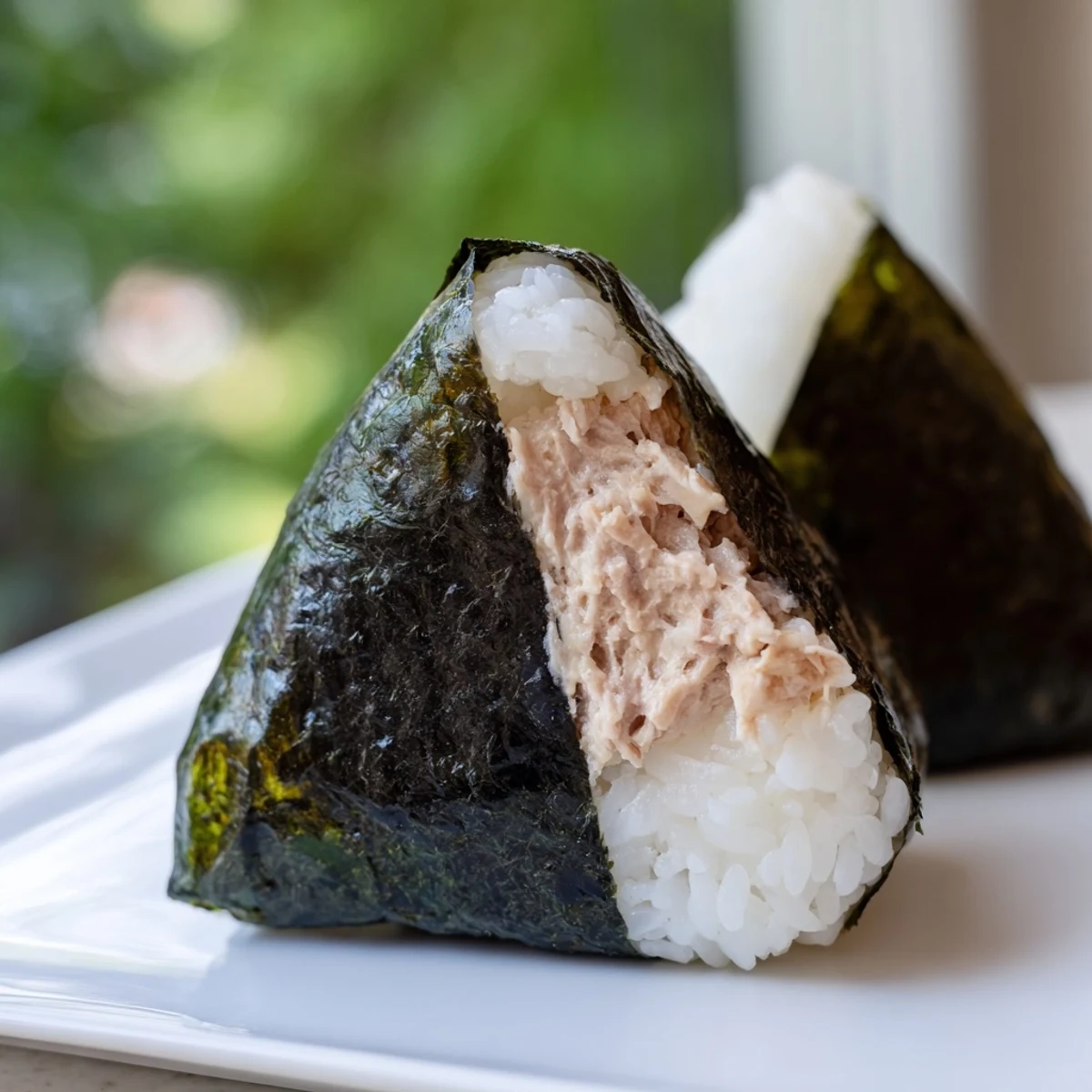 Creamy tuna mayonnaise stuffed Japanese rice ball with savory filling and roasted seaweed