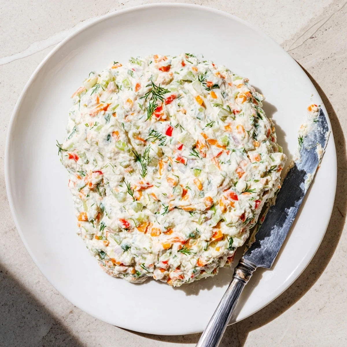 Creamy garden vegetable spread topped with colorful diced peppers and fresh herbs