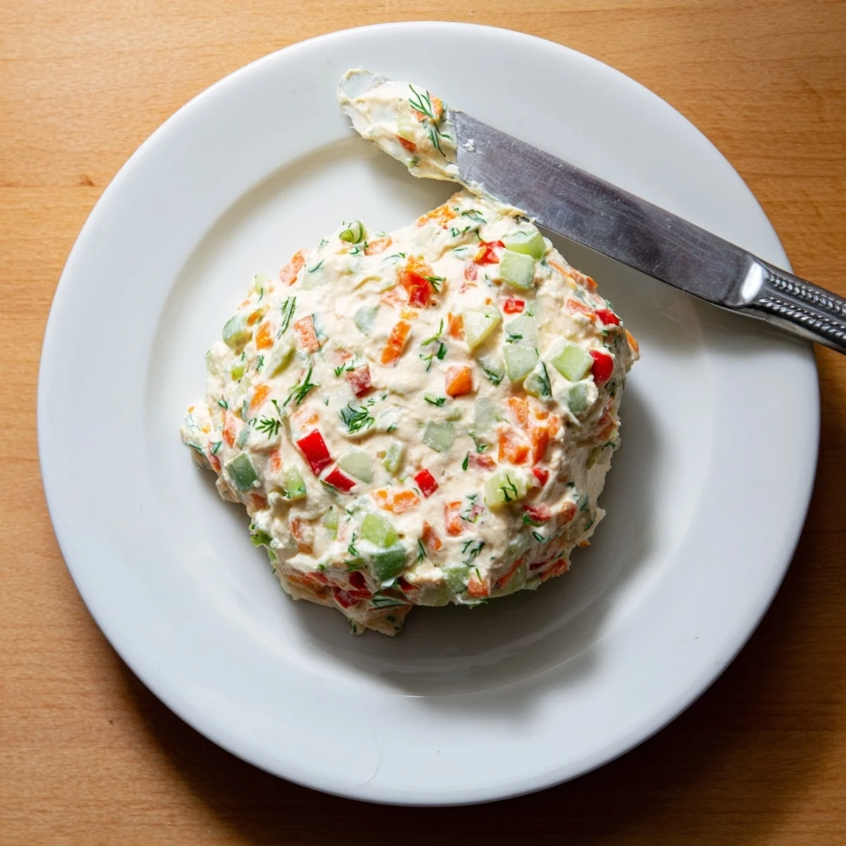 Garden vegetable spread served in a white bowl with crackers and vegetables