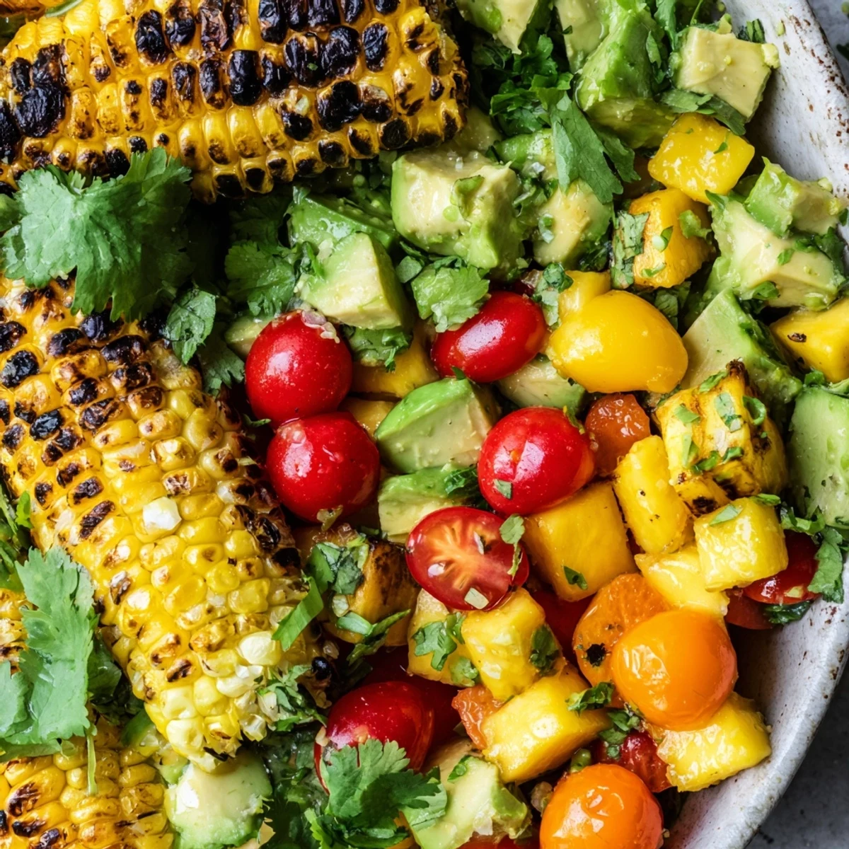 Colorful tropical charred corn and avocado salad with diced pineapple, mango, and cherry tomatoes in a white bowl