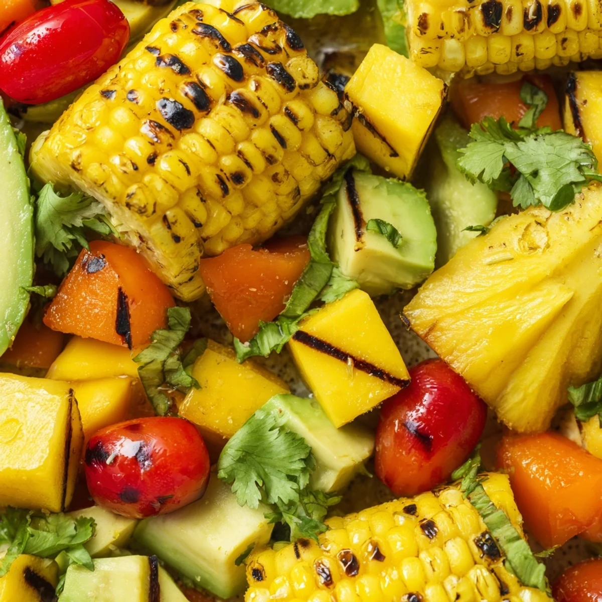 Fresh bowl of grilled corn and avocado salad featuring lime dressing, cilantro, and colorful tropical fruit pieces