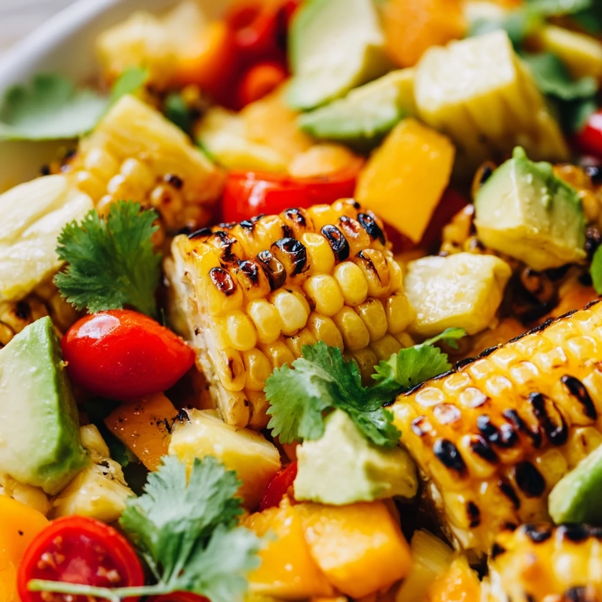 Vibrant summer salad with charred corn kernels, creamy avocado chunks, red onion, and zesty lime drizzle on a rustic wooden table
