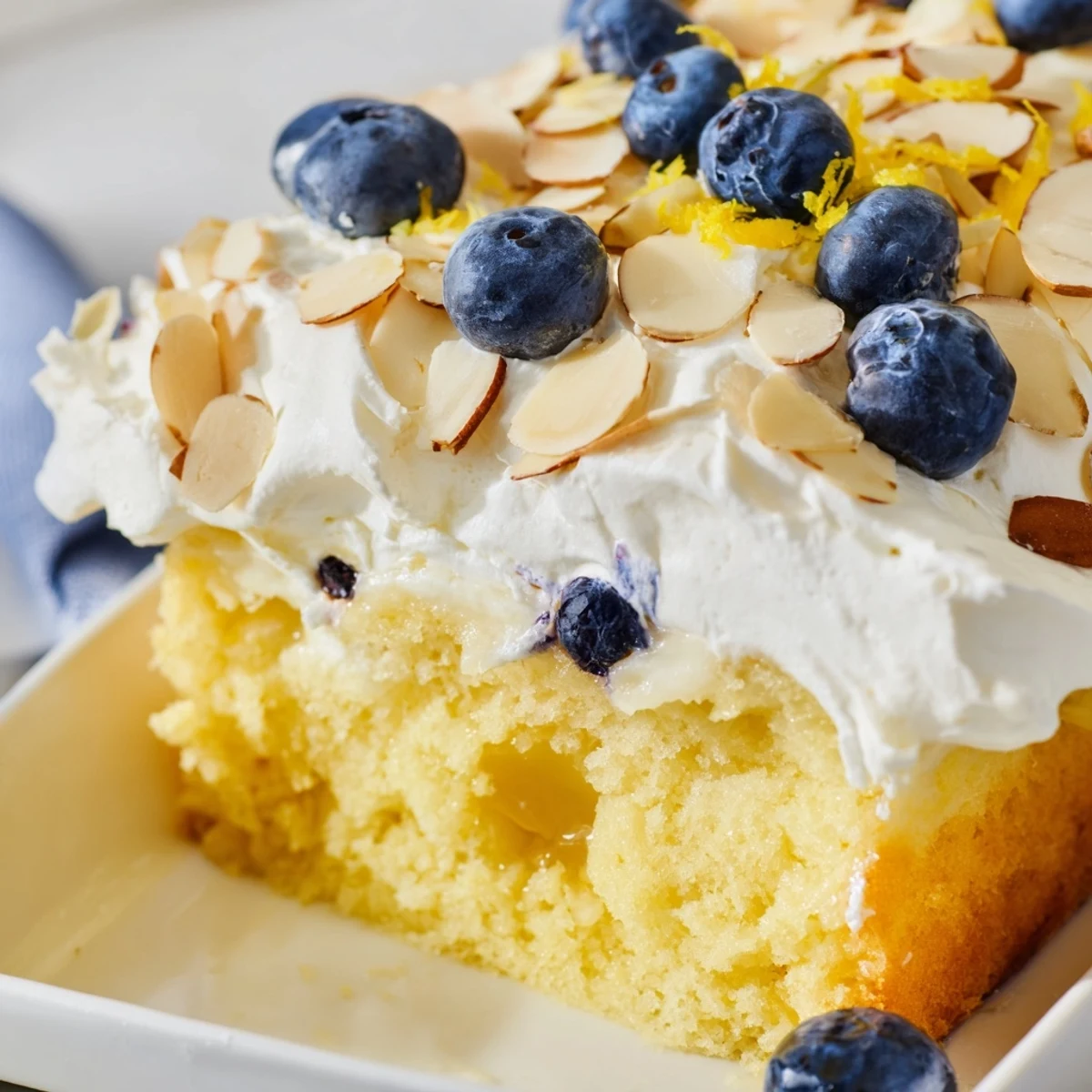 Square serving of moist lemon blueberry poke cake drizzled with syrup and garnished with fresh berries