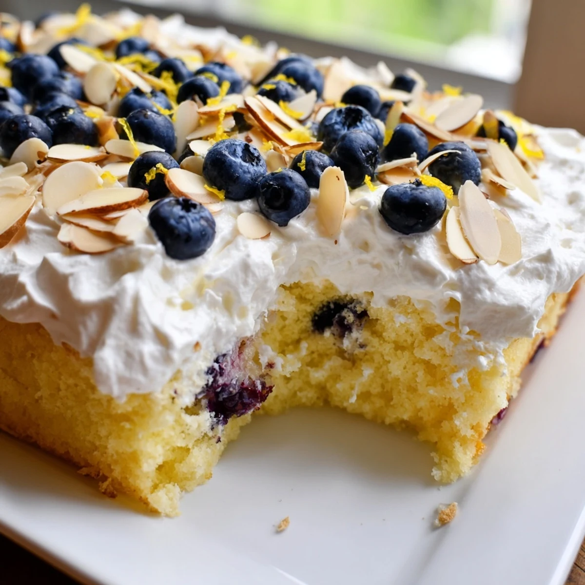 Golden slice of lemon blueberry poke cake topped with fluffy whipped cream and toasted almond crunch