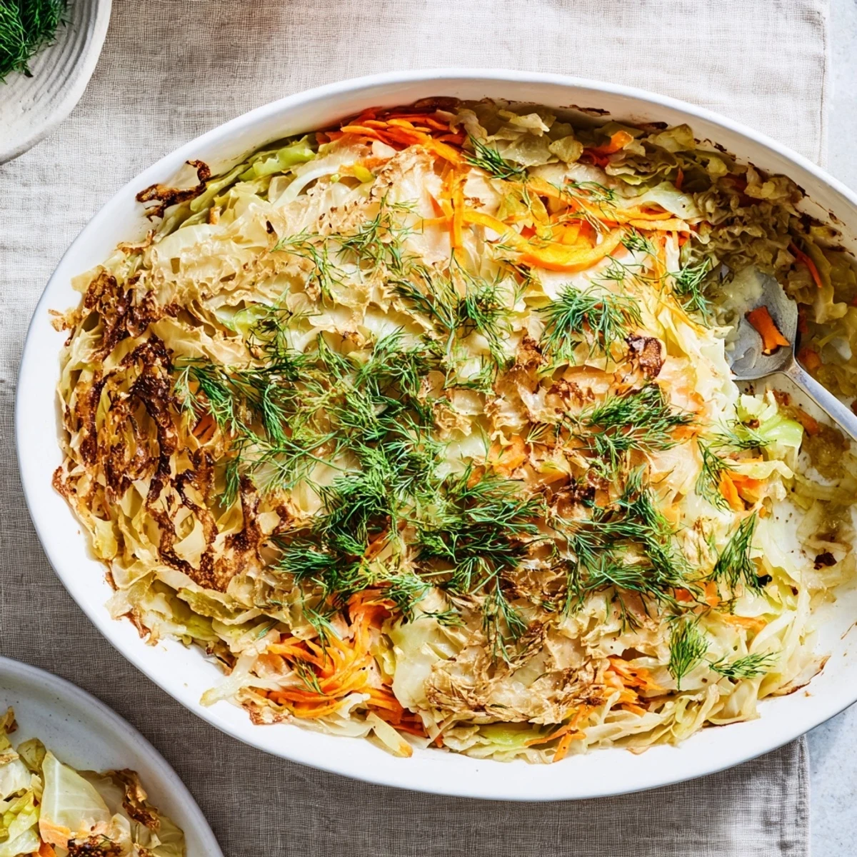 Golden brown slow roasted cabbage and sauerkraut casserole garnished with fresh green dill sprigs